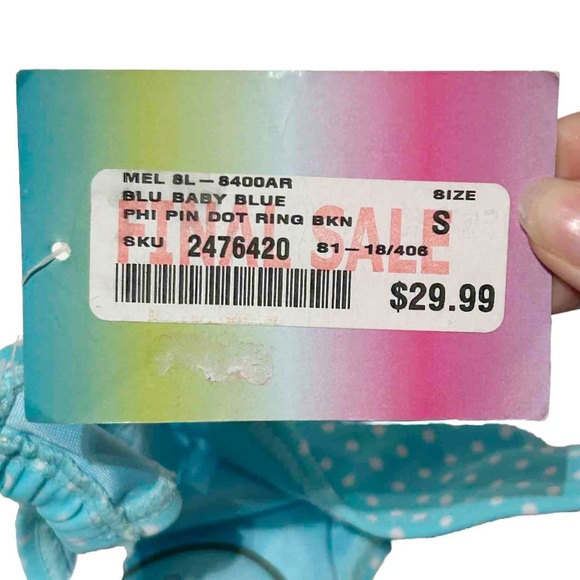 Melissa Swim Bikini Bottoms Light Blue White Polka Dots O-Ring Hips Size Small - Picture 7 of 8